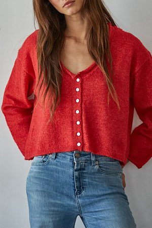 Brie Boxy V-Neck Red Cardigan Sweater