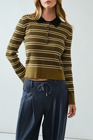 Devyn Striped Rib Knit Polo Sweater
