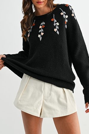 Reagan Floral Embroidered Black Sweater