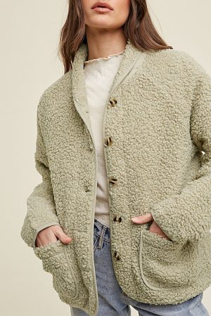 Remy Sage Green Sherpa Fleece Button Jacket